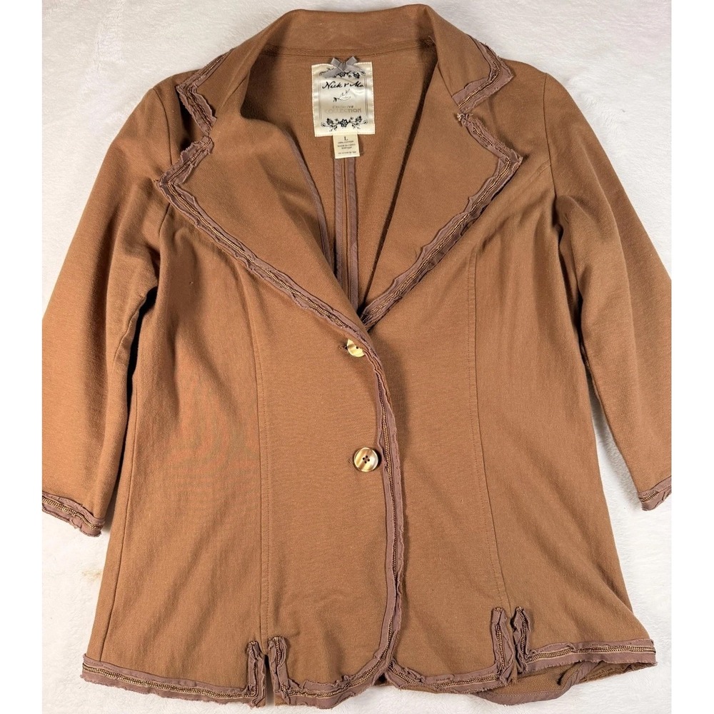 Nick & Mo Blazer Womens Large Brown French Terry Ruffle Trim 3/4 Sleeve Jacket